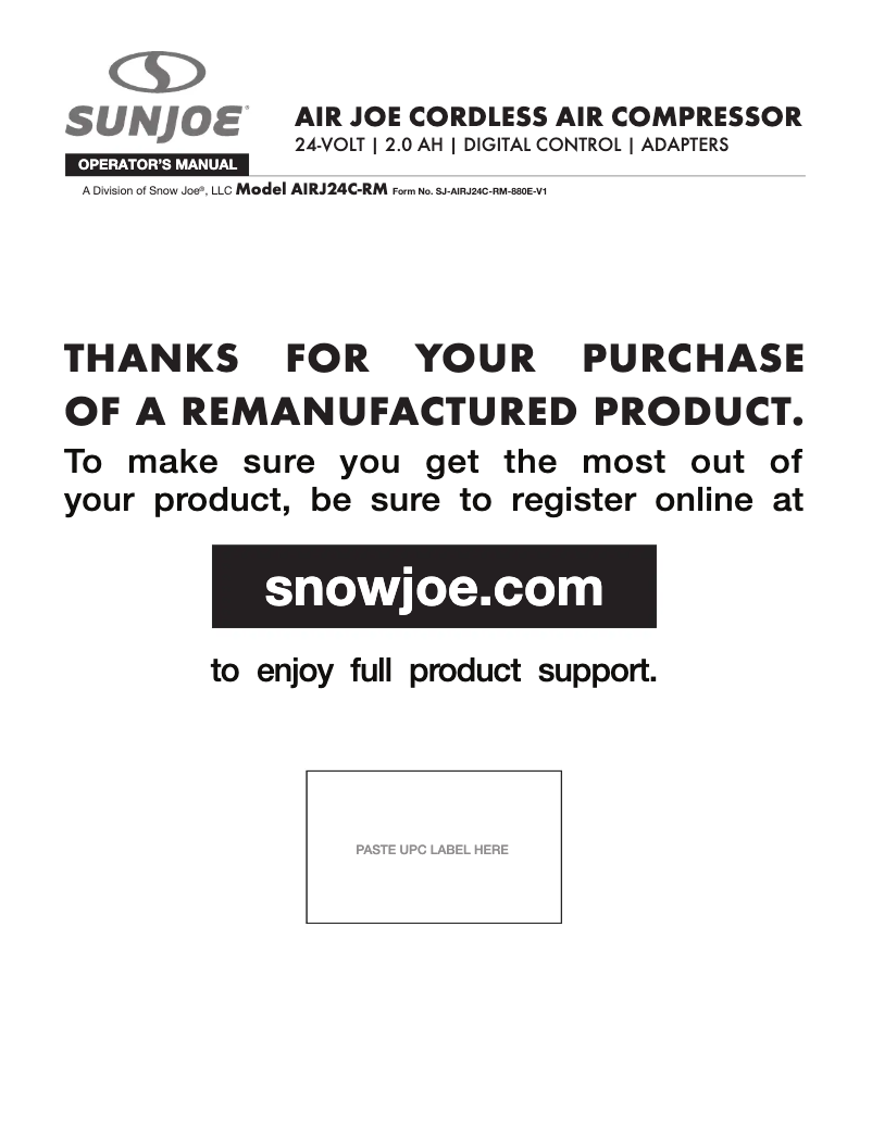 Page 1 of the manual User Manual Sun Joe AIRJ24C-RM