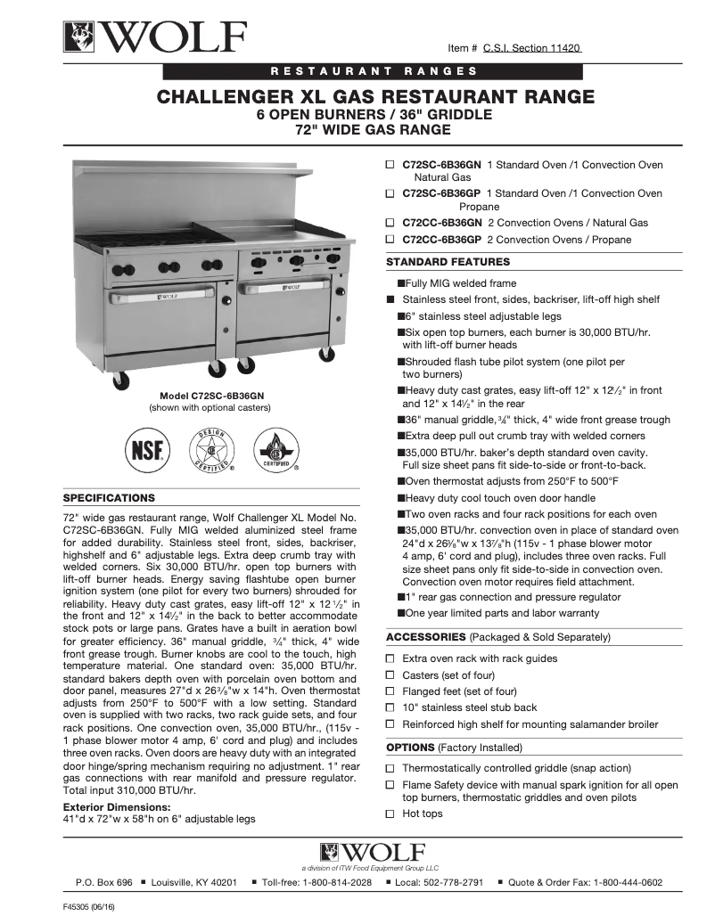 Page 1 of the manual Technical Sheet Wolf C72SC-6B36G