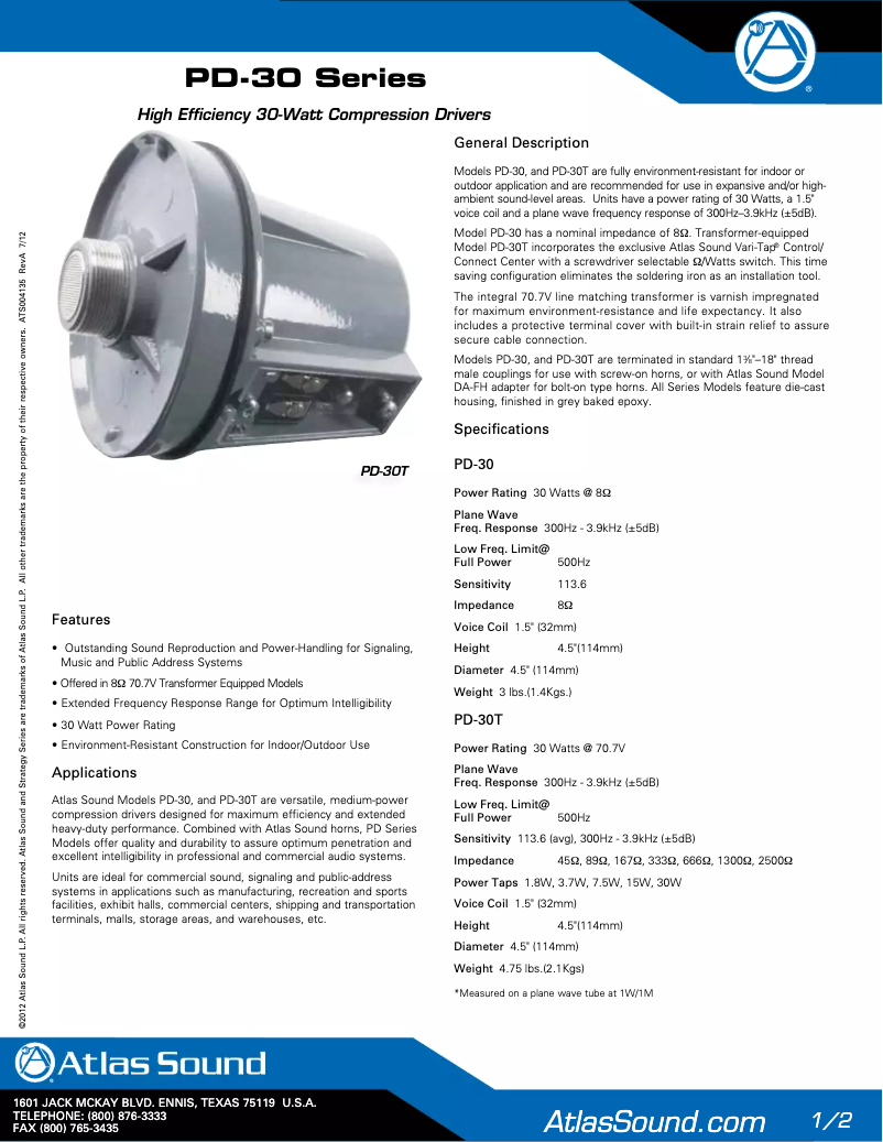 Page 1 of the manual Brochure Atlas Sound PD-30T