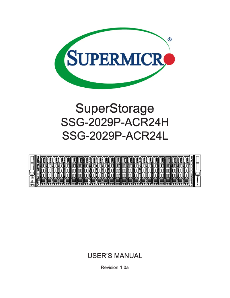 First page image of the manual for SuperStorage 2029P-ACR24H
