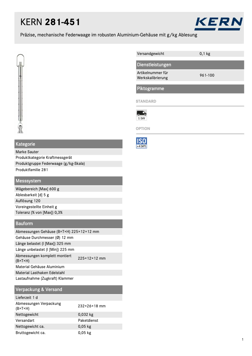 Page 1 of the manual Technical Sheet Kern 281-451