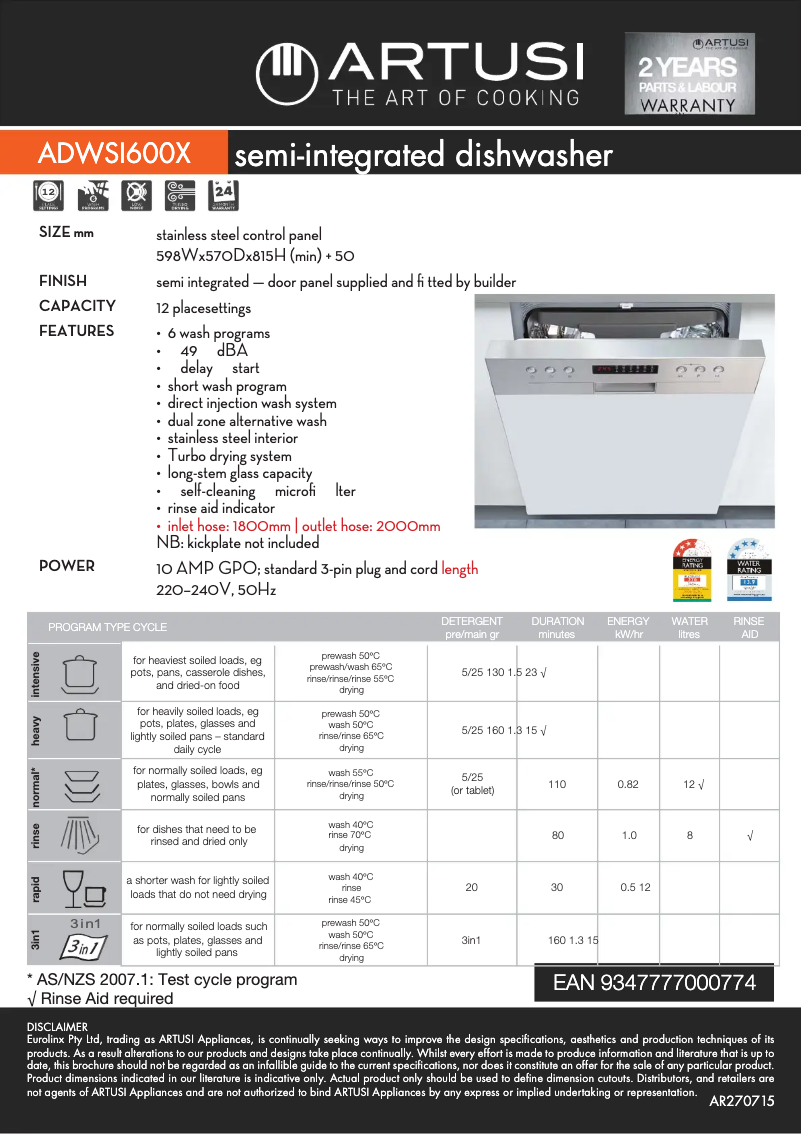 Page 1 of the manual User Manual Artusi ADWSI600X