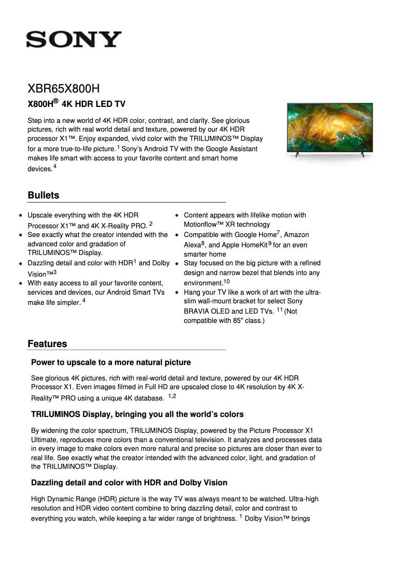 First page image of the manual for XBR65X800H