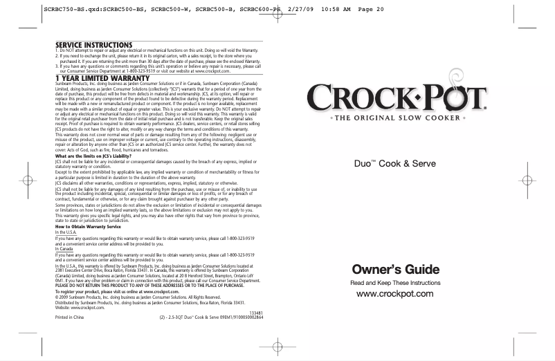 Page 1 of the manual User Manual Crock-Pot Duo SCRBC505-BS