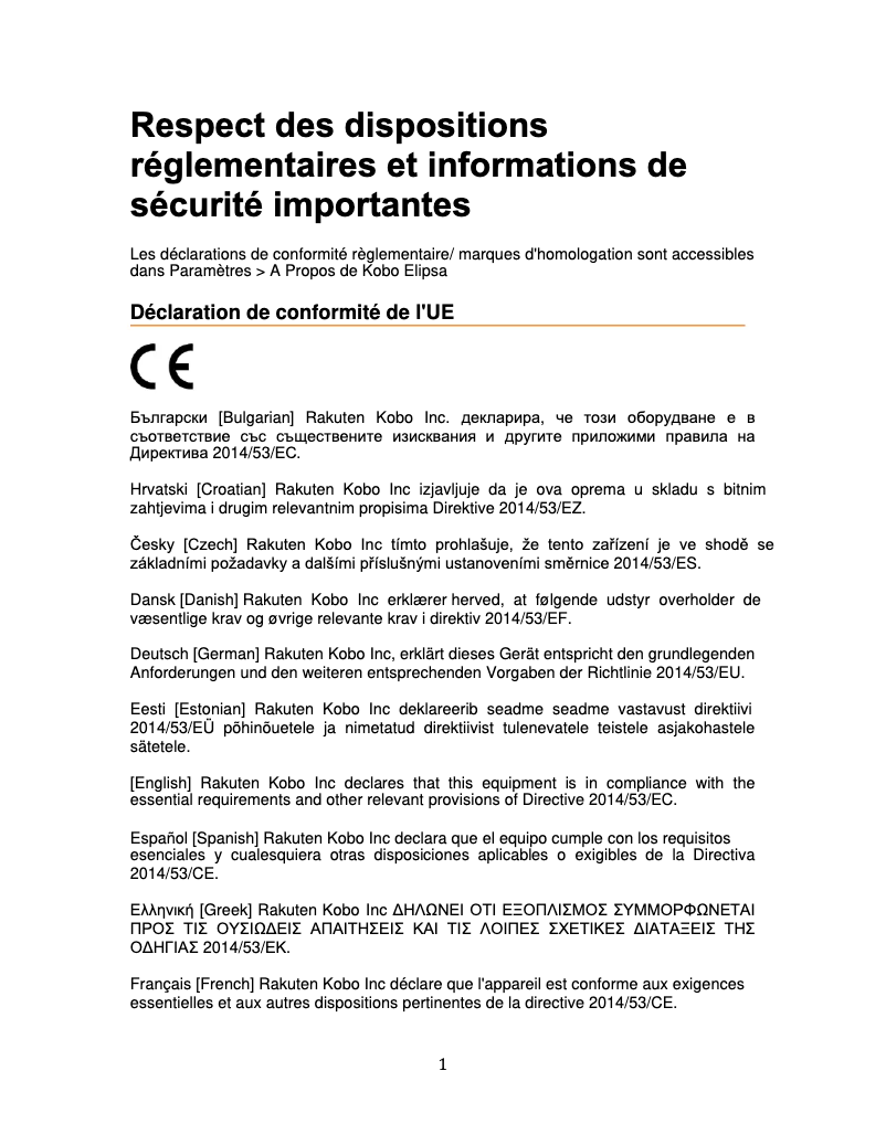 Page 1 of the manual Safety Instructions Kobo Elipsa