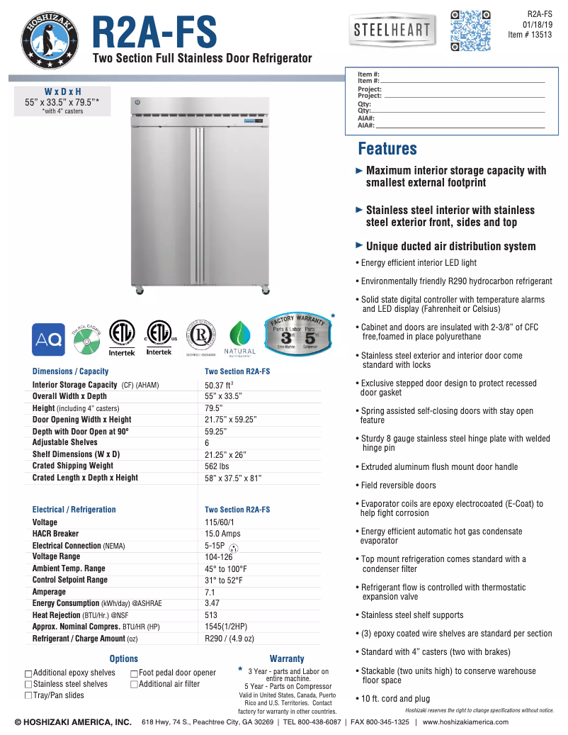 Page 1 of the manual Technical Sheet Hoshizaki Commercial CR2S-FS