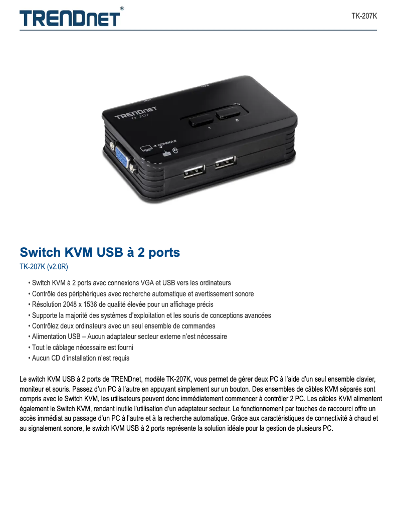 Page 1 of the manual Technical Sheet TRENDnet TK-207K