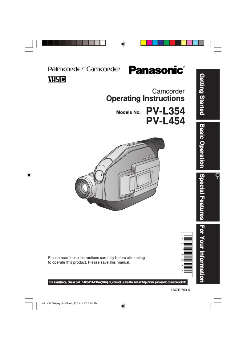 First page image of the manual for Palmcorder PV-L454