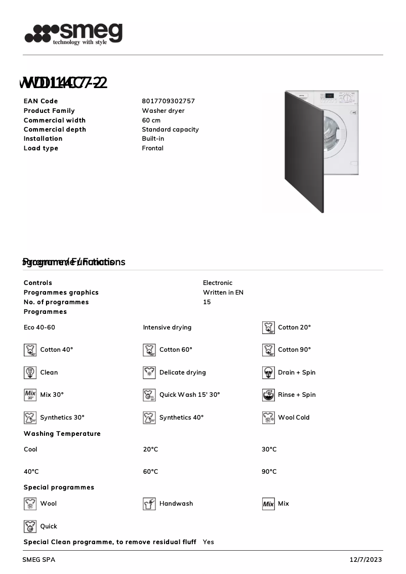 Page 1 of the manual Technical Sheet Smeg WDI14C7