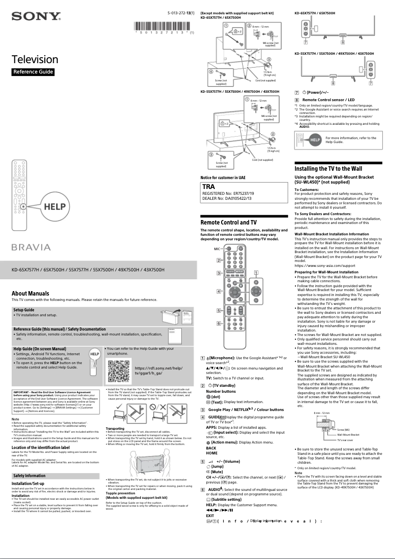 Page 1 of the manual User Manual Sony Bravia KD-43X7500H