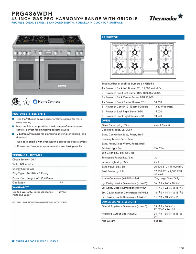 Page 1 of the manual Technical Sheet Thermador PRG486WDH