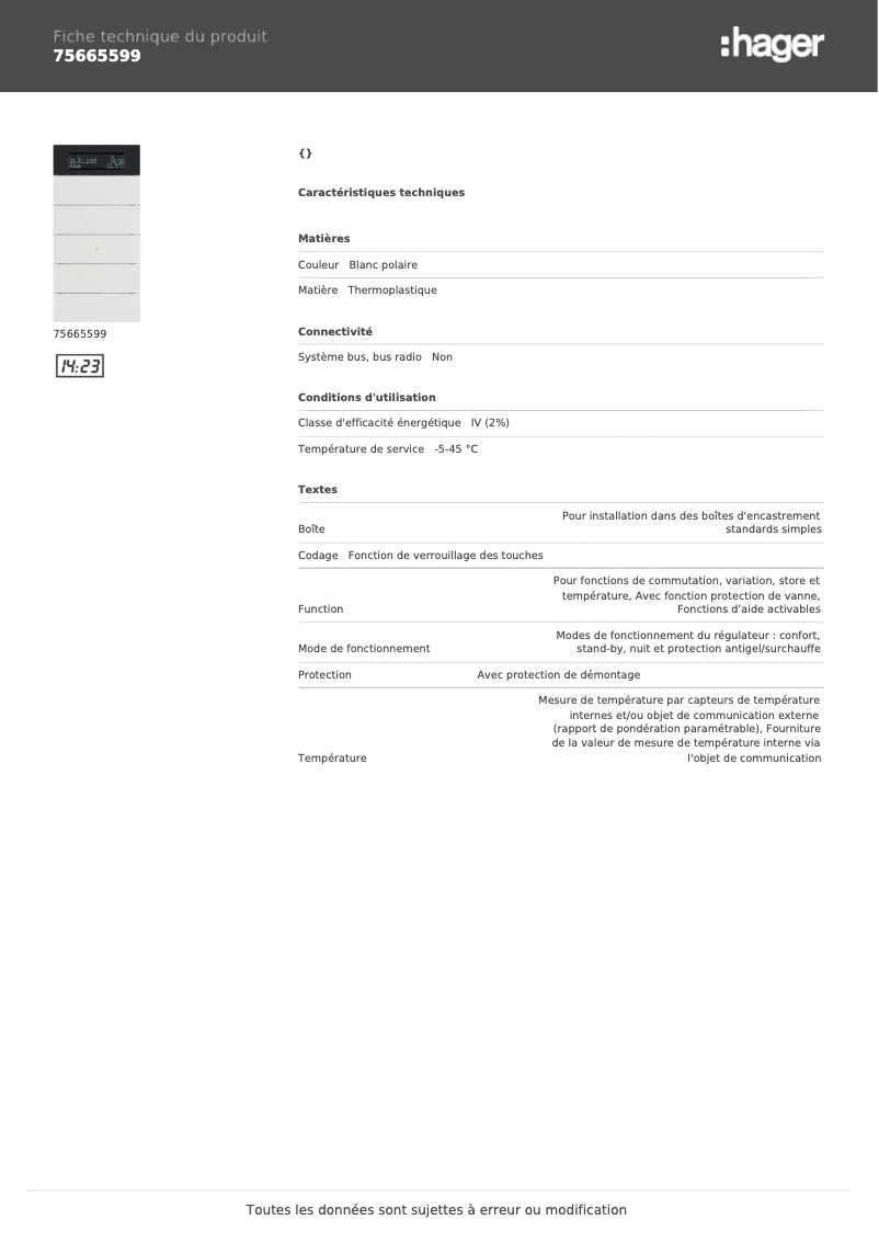 Page 1 of the manual Technical Sheet Hager 75665599