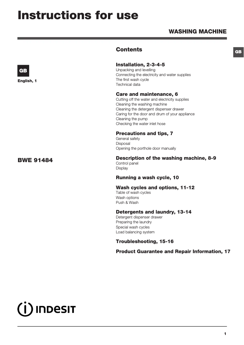 Page 1 of the manual Instruction Manual Indesit BWE 91484X K UK