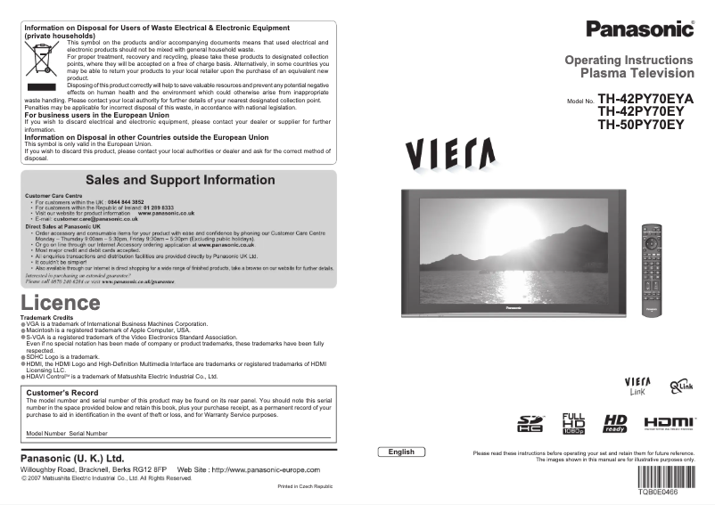 First page image of the manual for Viera TH-42PY70EY