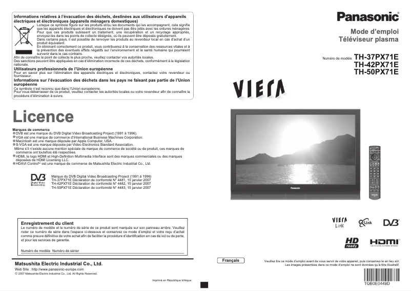First page image of the manual for Viera TH-37PX71E