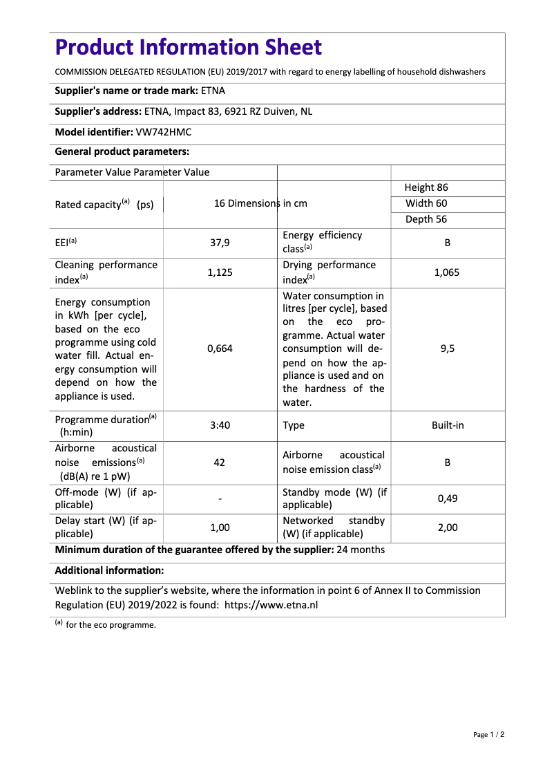 Page 1 of the manual Technical Sheet Etna VW742HMC
