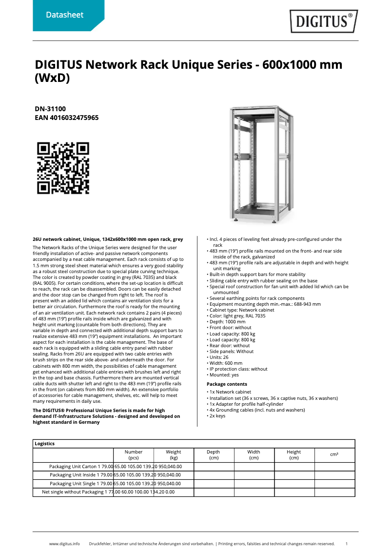 Page 1 of the manual Technical Sheet Digitus DN-31100