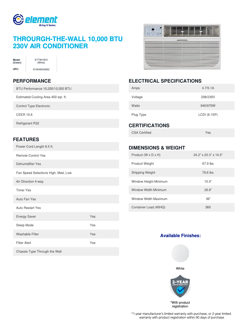 Page 1 of the manual Technical Sheet Element ETTW10DV