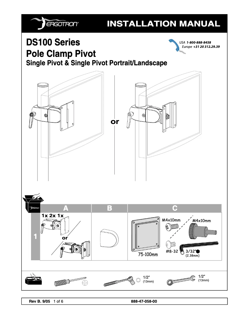 Page 1 of the manual User Manual Ergotron DS100 Clamping Single Pivot