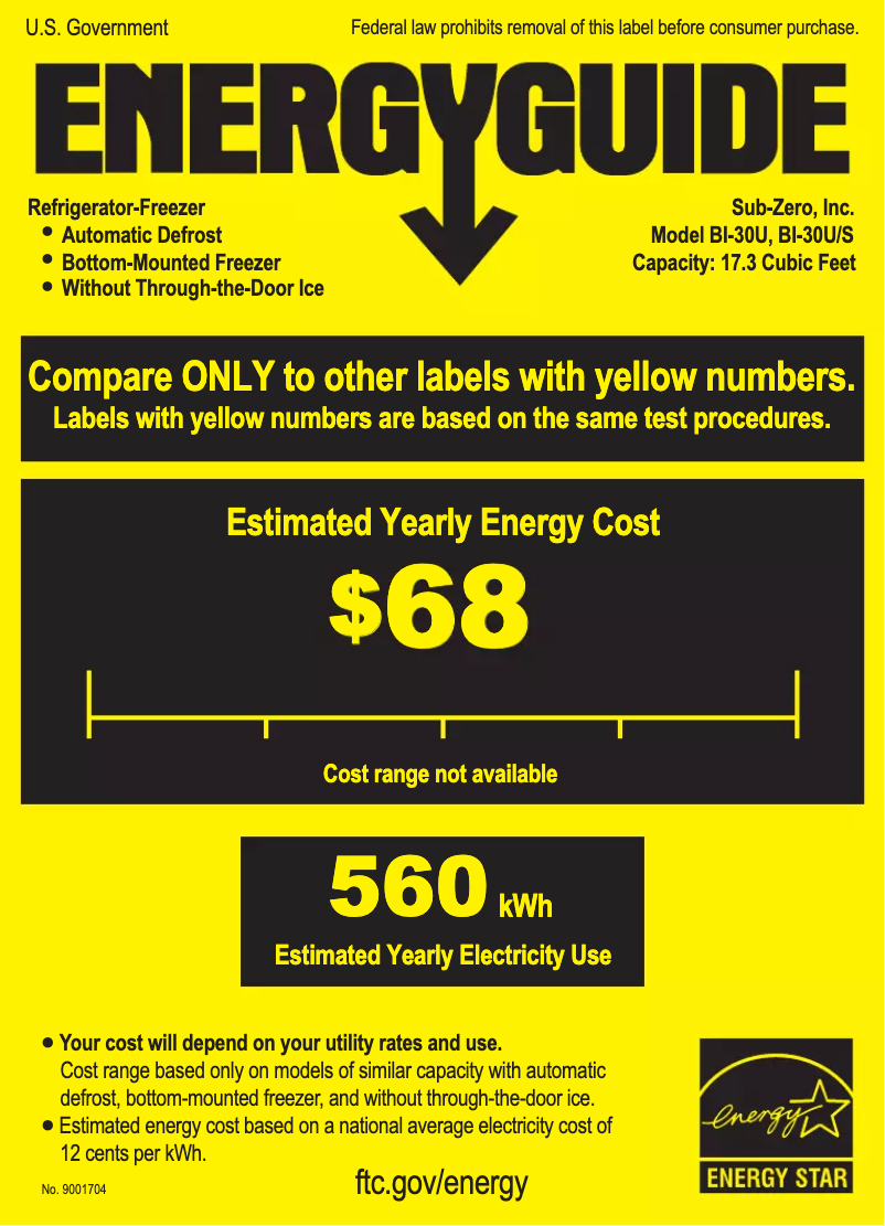 Page 1 of the manual Energy Label Sub-Zero BI-30U/S/TH-LH