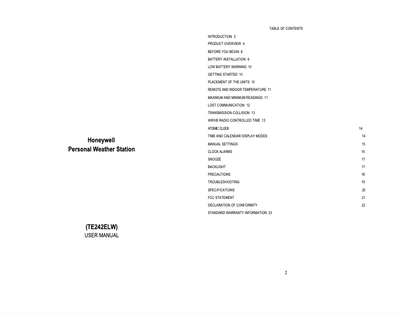 Page 1 of the manual User Manual Honeywell TE242ELW