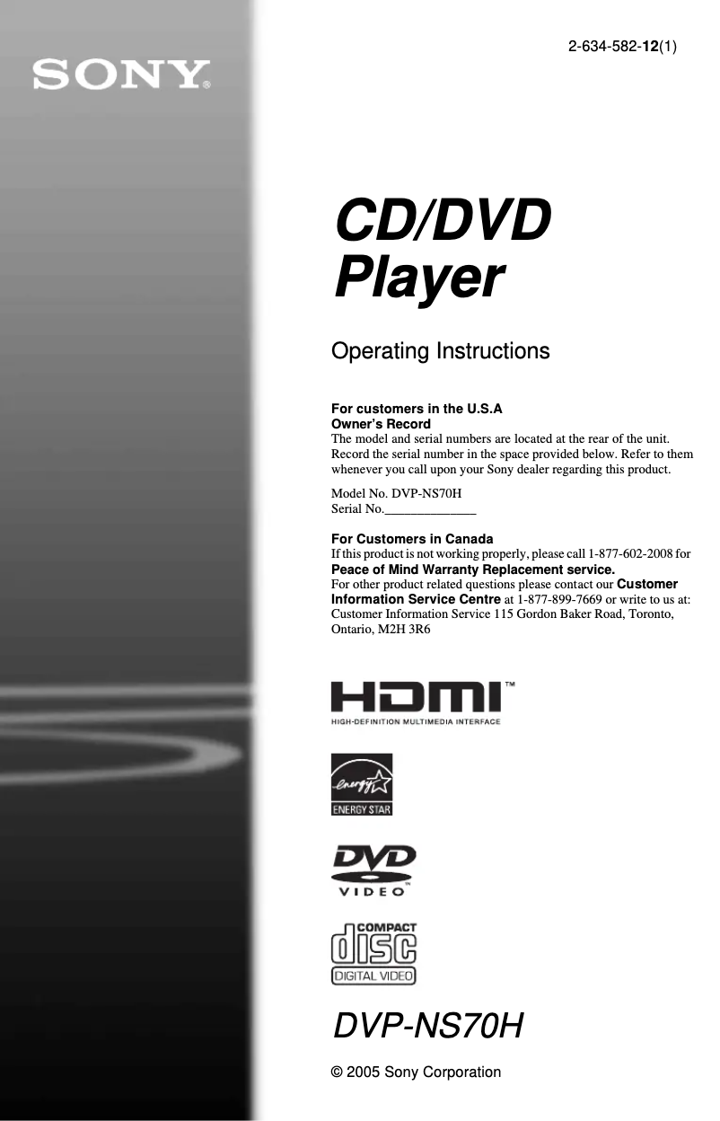 Page 1 of the manual User Manual Sony DVP-NS70H
