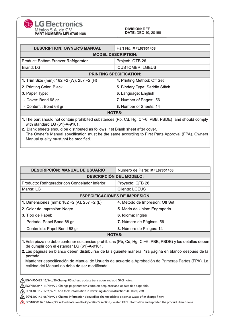 First page image of the manual for LRDCS2603D