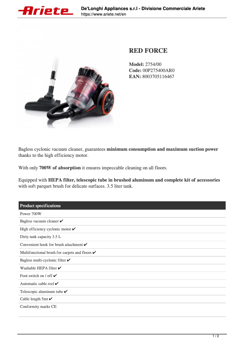 Page 1 of the manual Technical Sheet Ariete Red Force 2754