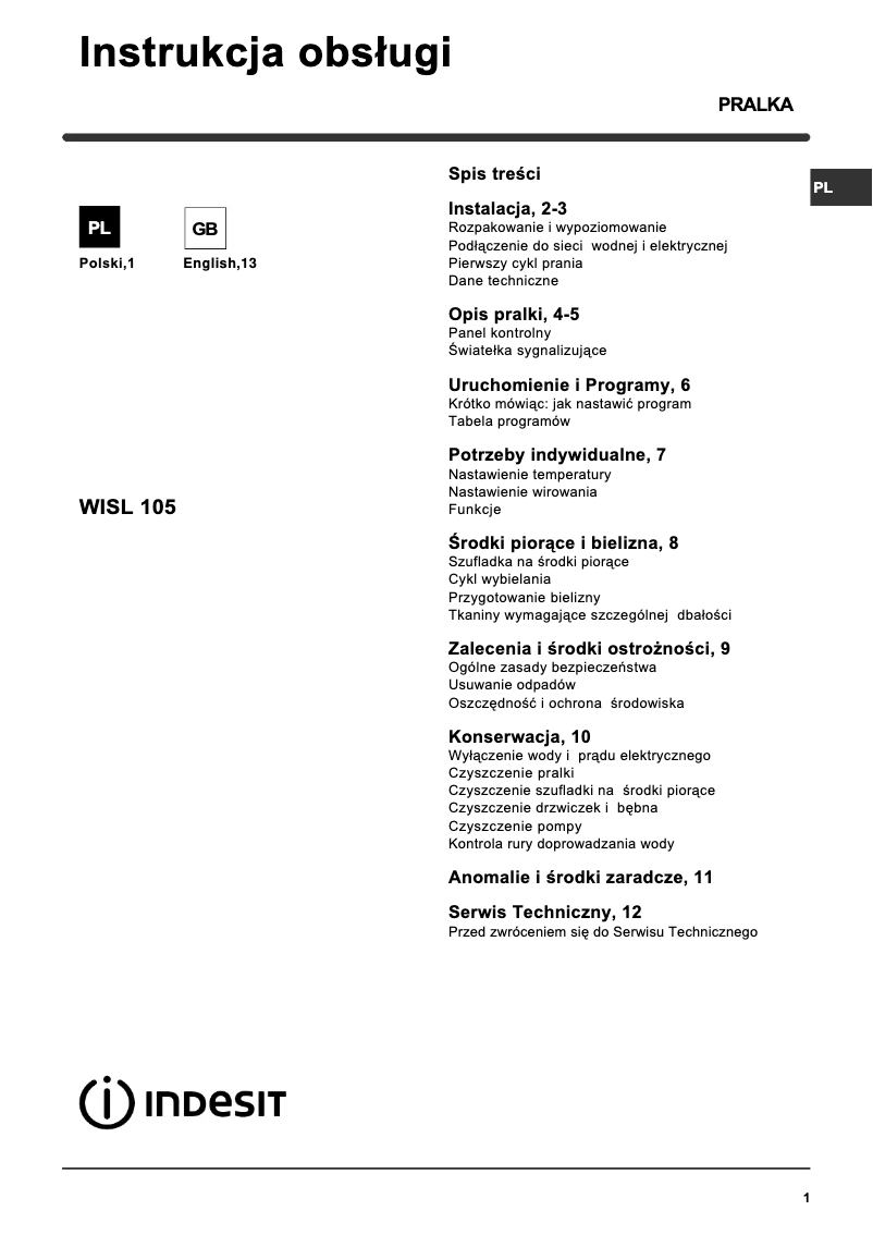 Page 1 of the manual User Manual Indesit WISL 105 (PL).1
