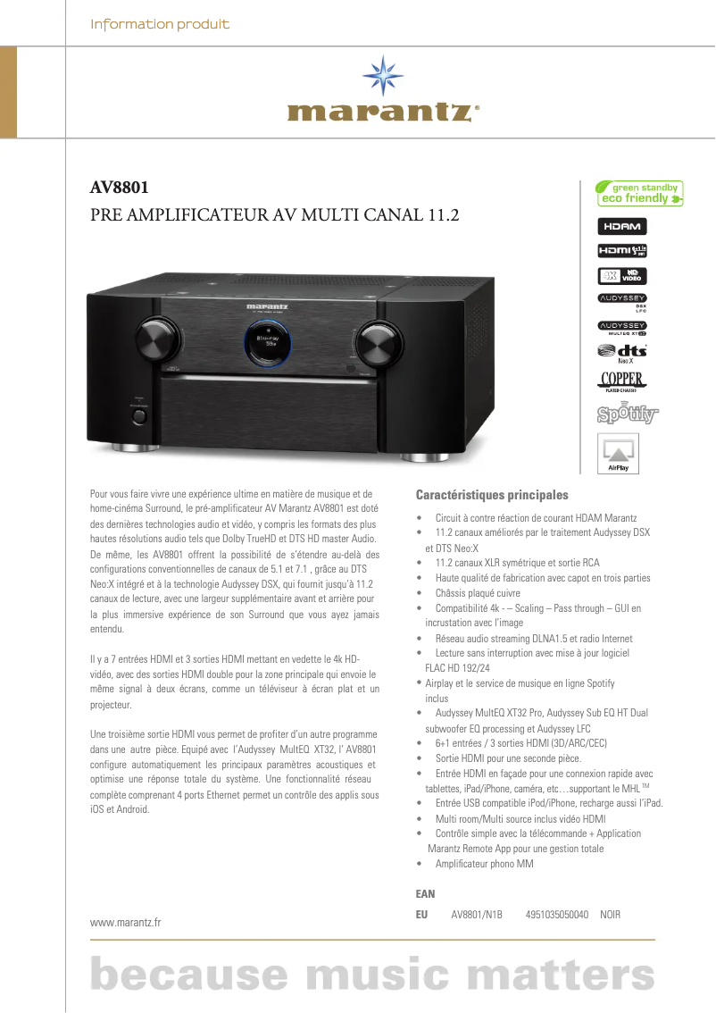 Page 1 of the manual Technical Sheet Marantz AV8801
