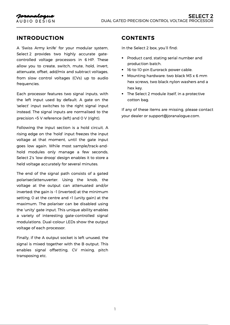 First page image of the manual for Select 2