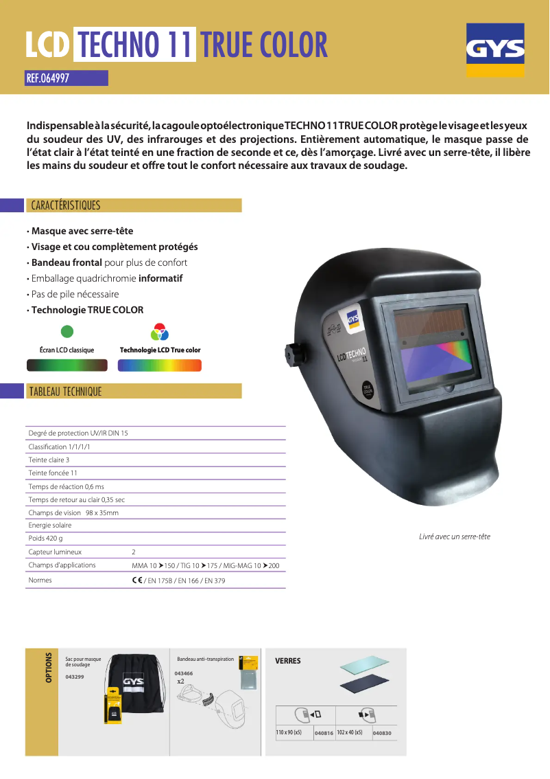 Page 1 of the manual Technical Sheet GYS LCD Techno 11