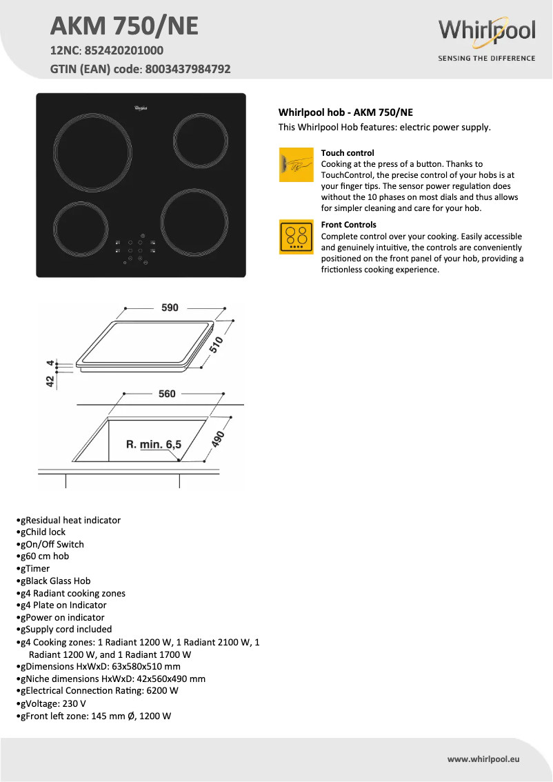 Page 1 of the manual Technical Sheet Whirlpool AKM 750/NE