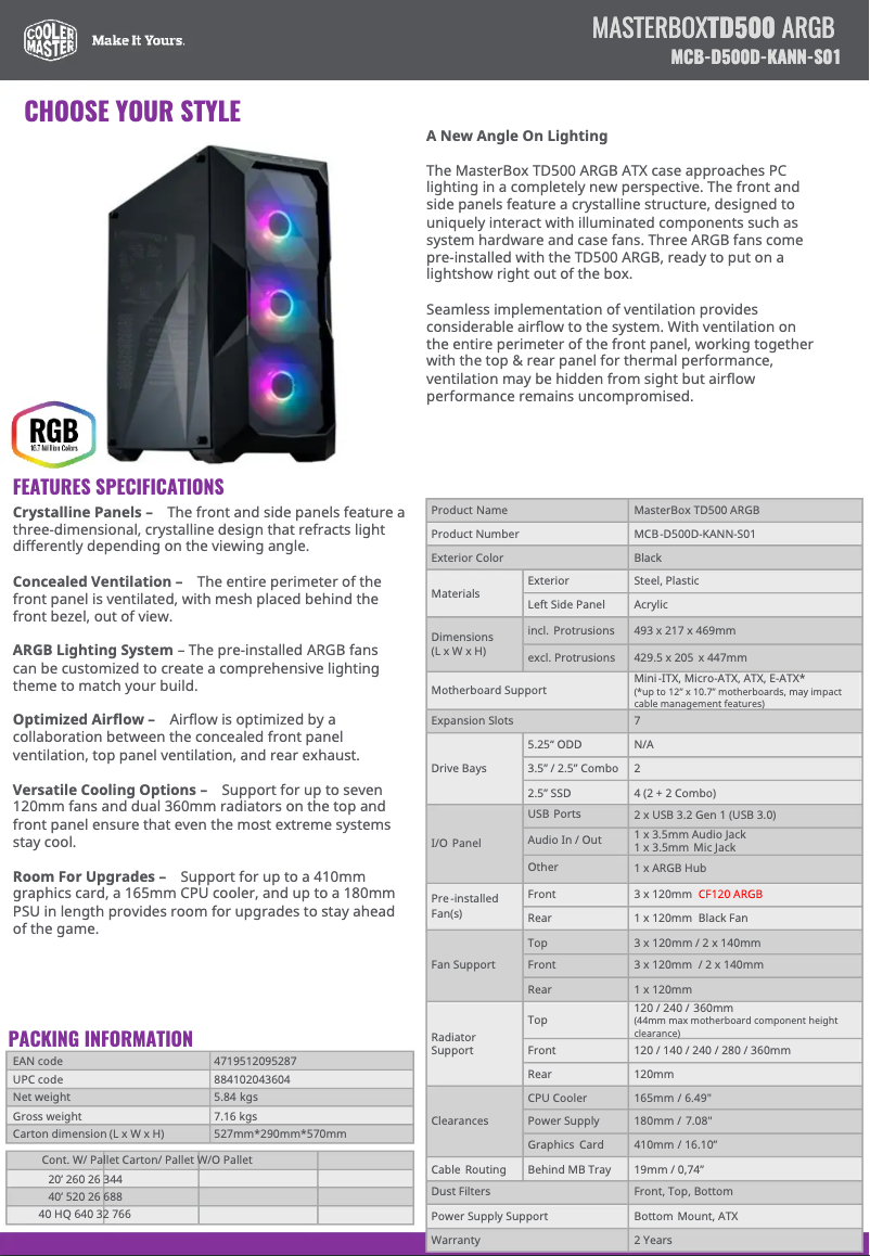 Page 1 of the manual Technical Sheet Cooler Master MasterBox TD500 ARGB