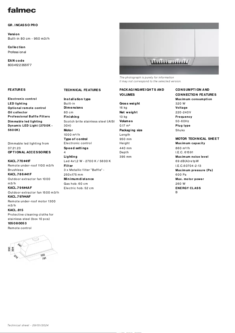 Page 1 of the manual Technical Sheet Falmec Gruppo Incasso Pro