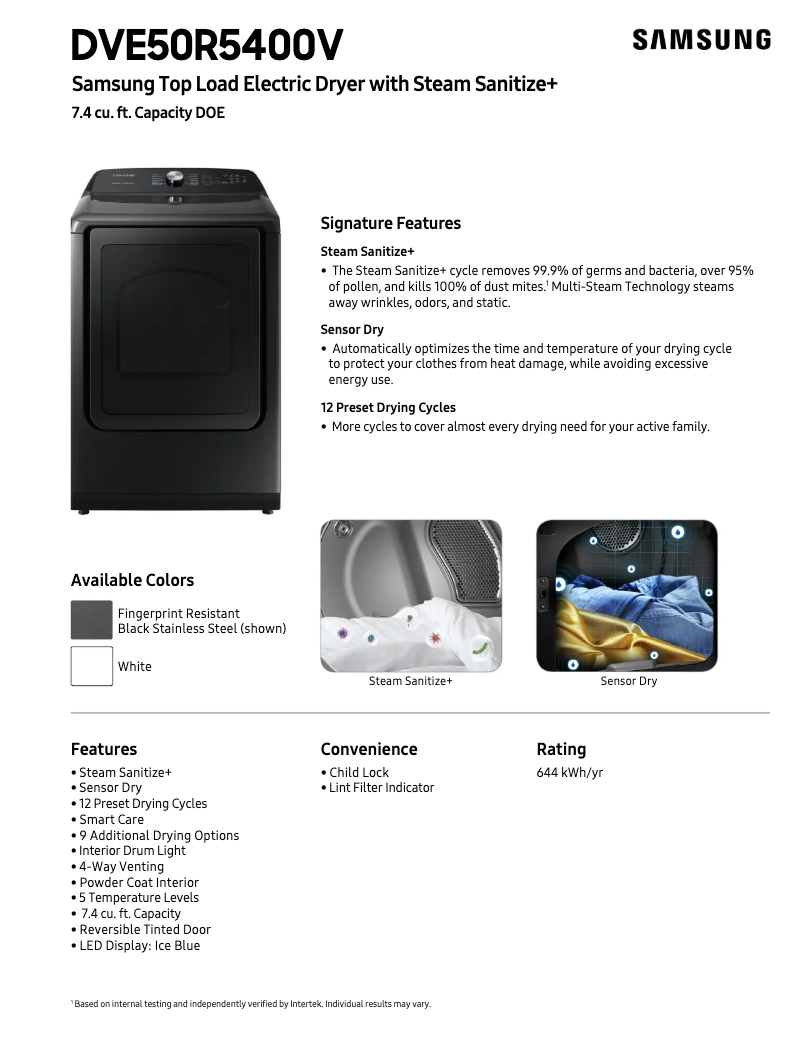 Page 1 of the manual Technical Sheet Samsung DVE50R5400W