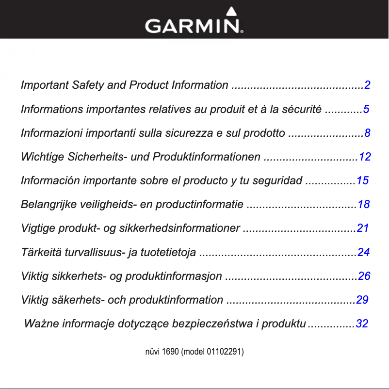 Page 1 of the manual Safety Instructions Garmin NüLink! 1690 LIVE