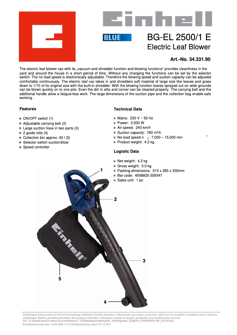 First page image of the manual for BG-EL 2500/1E