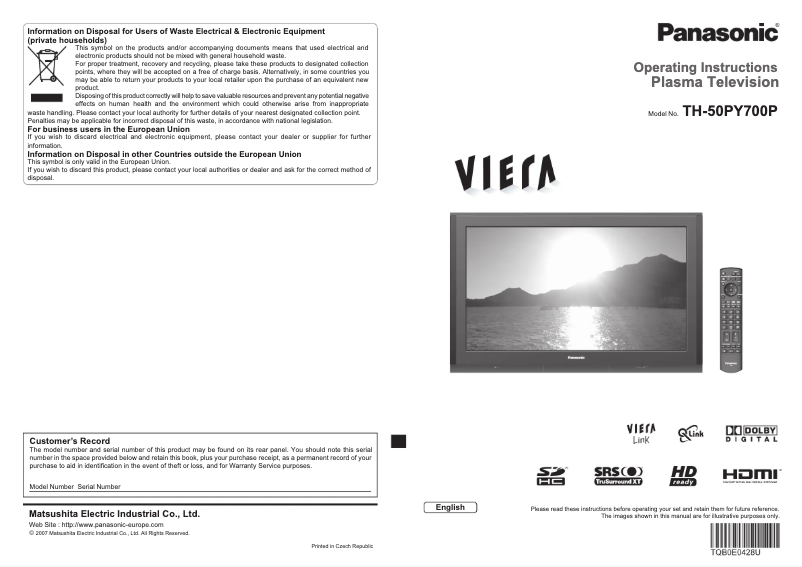 First page image of the manual for Viera TH-50PY700P