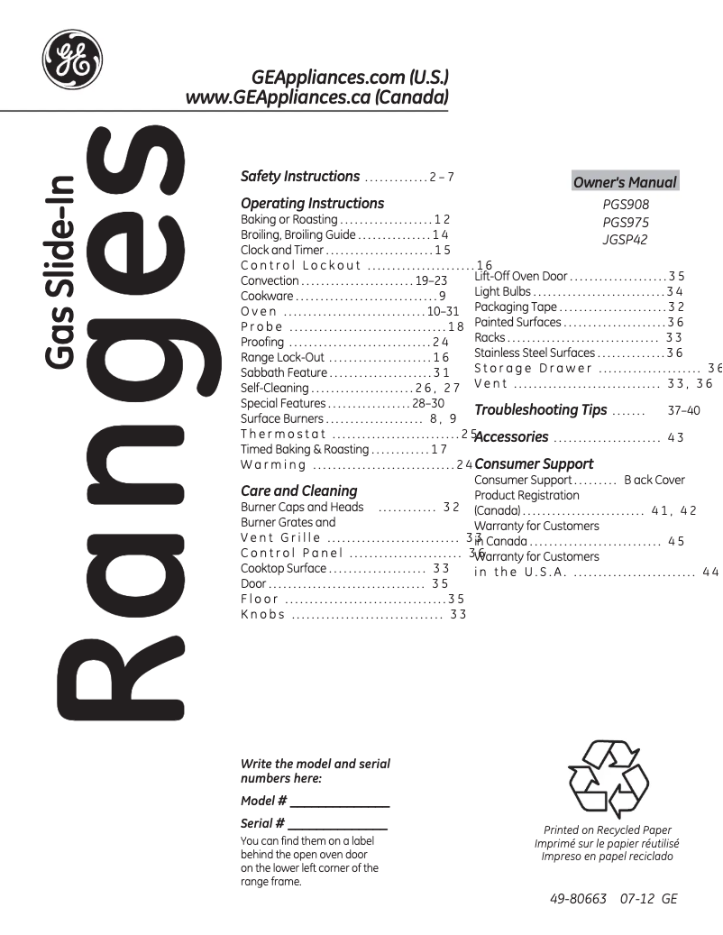 First page image of the manual for Profile PGS975SEPSS
