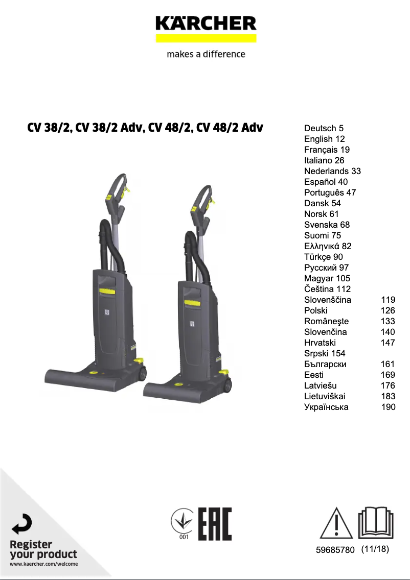 Page 1 de la notice Manuel utilisateur Kärcher CV 38/2 Adv