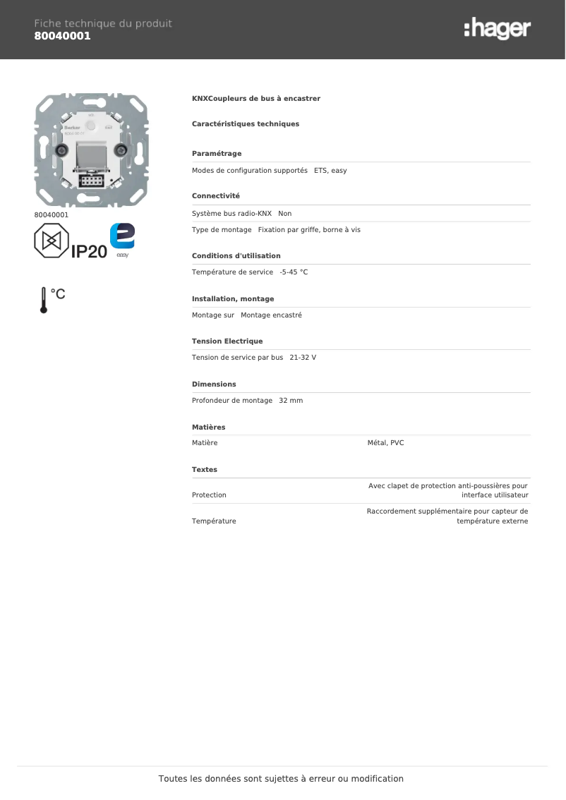 Page 1 of the manual Technical Sheet Hager 80040001