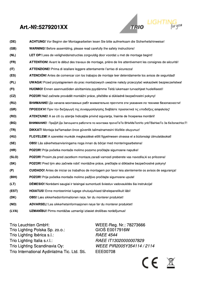 Page 1 of the manual User Manual Trio Lighting Amsterdam
