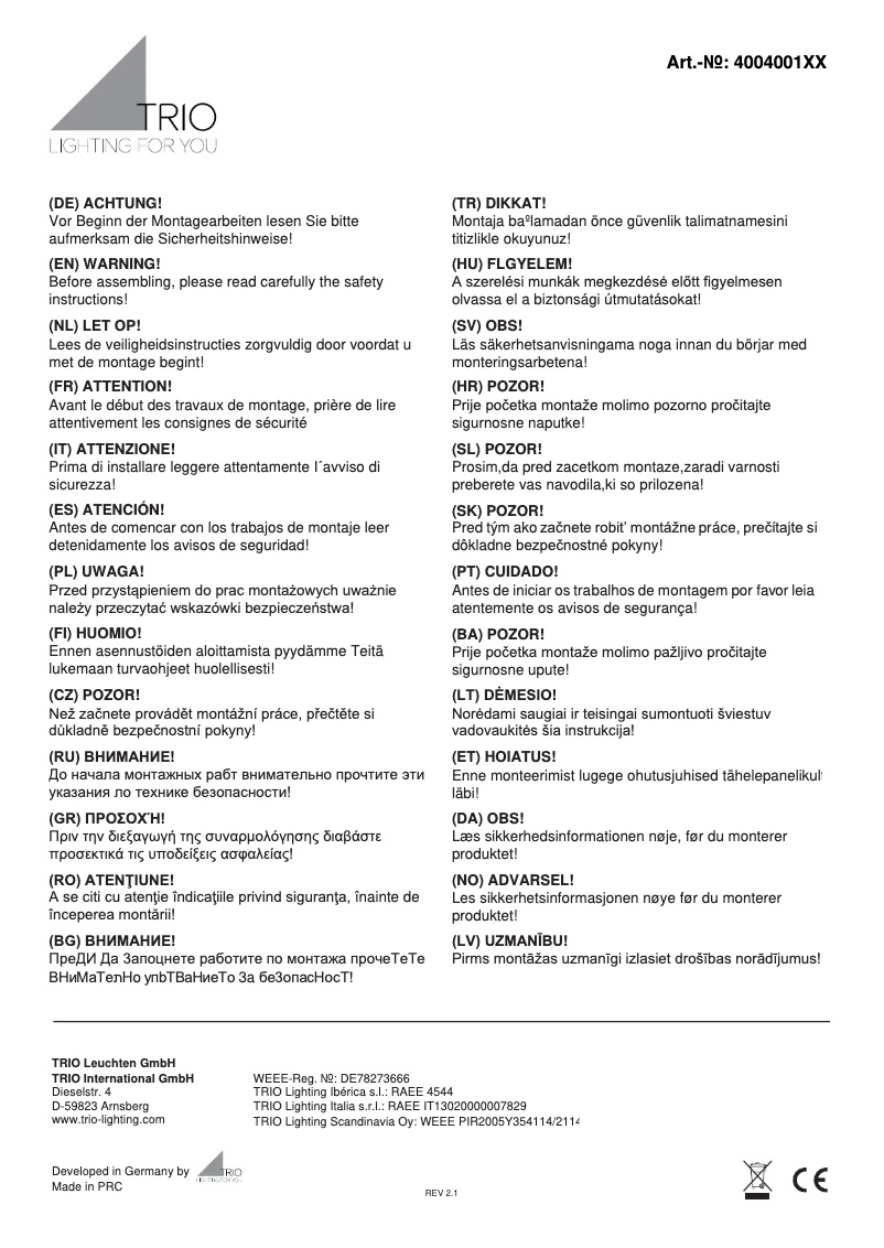 Page 1 of the manual User Manual Trio Lighting Claas 400400132