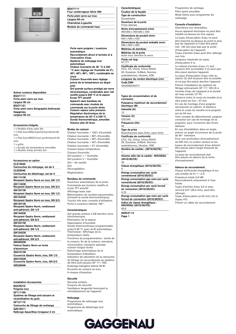 Page 1 of the manual Technical Sheet Gaggenau BS471111