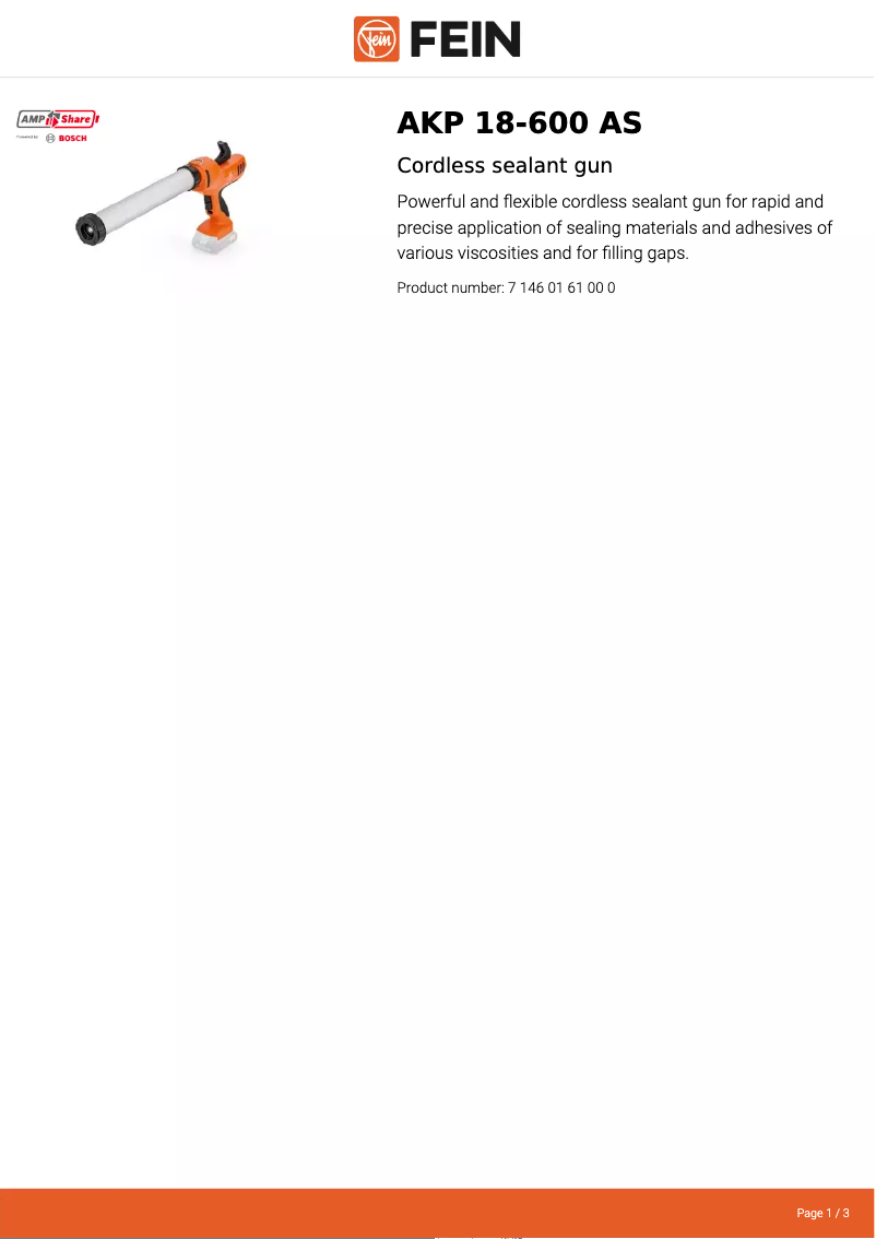 Page 1 of the manual Technical Sheet Fein AKP 18-600 AS