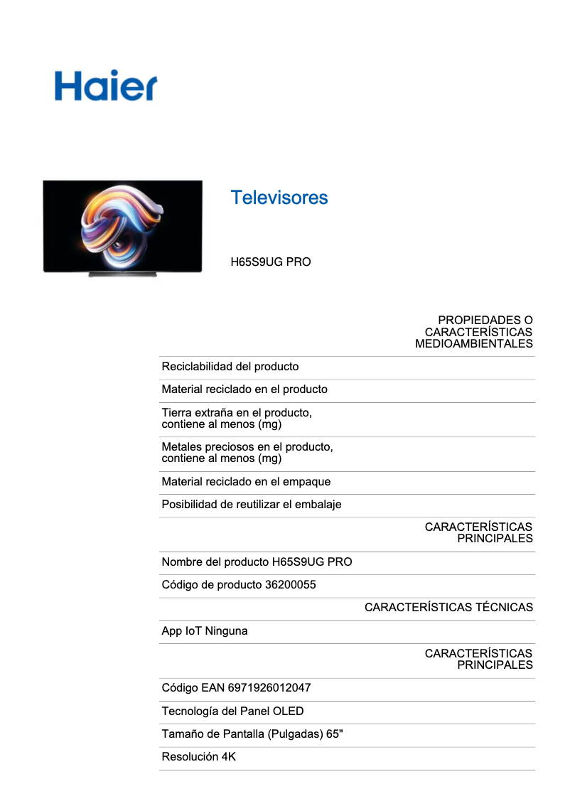 Page 1 of the manual Energy Label Haier H65S9UG PRO