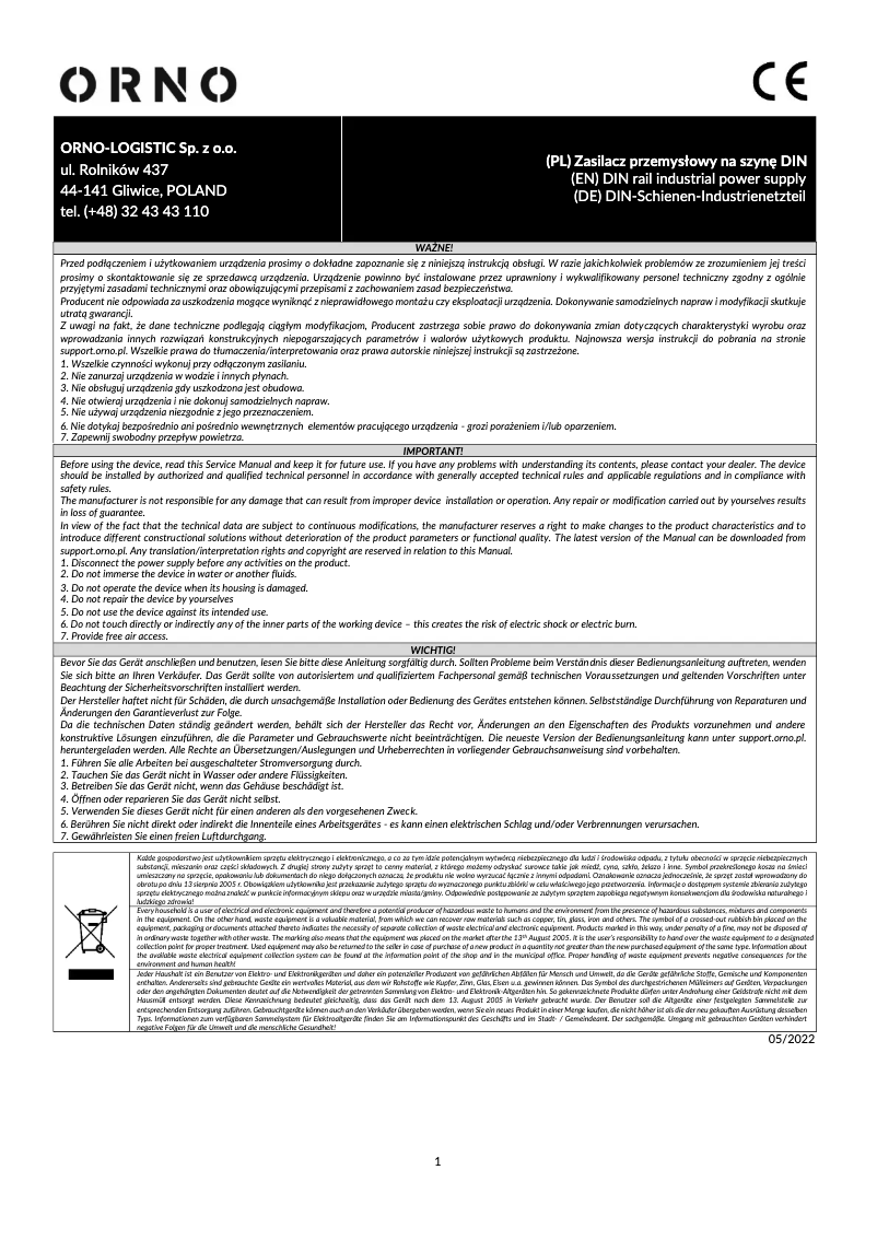 Page 1 de la notice Manuel utilisateur ORNO OR-PSU-1660