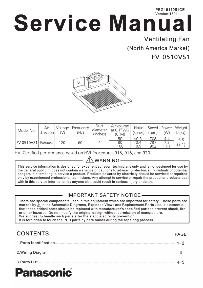 Page 1 of the manual User Manual Panasonic FV-0510VS1