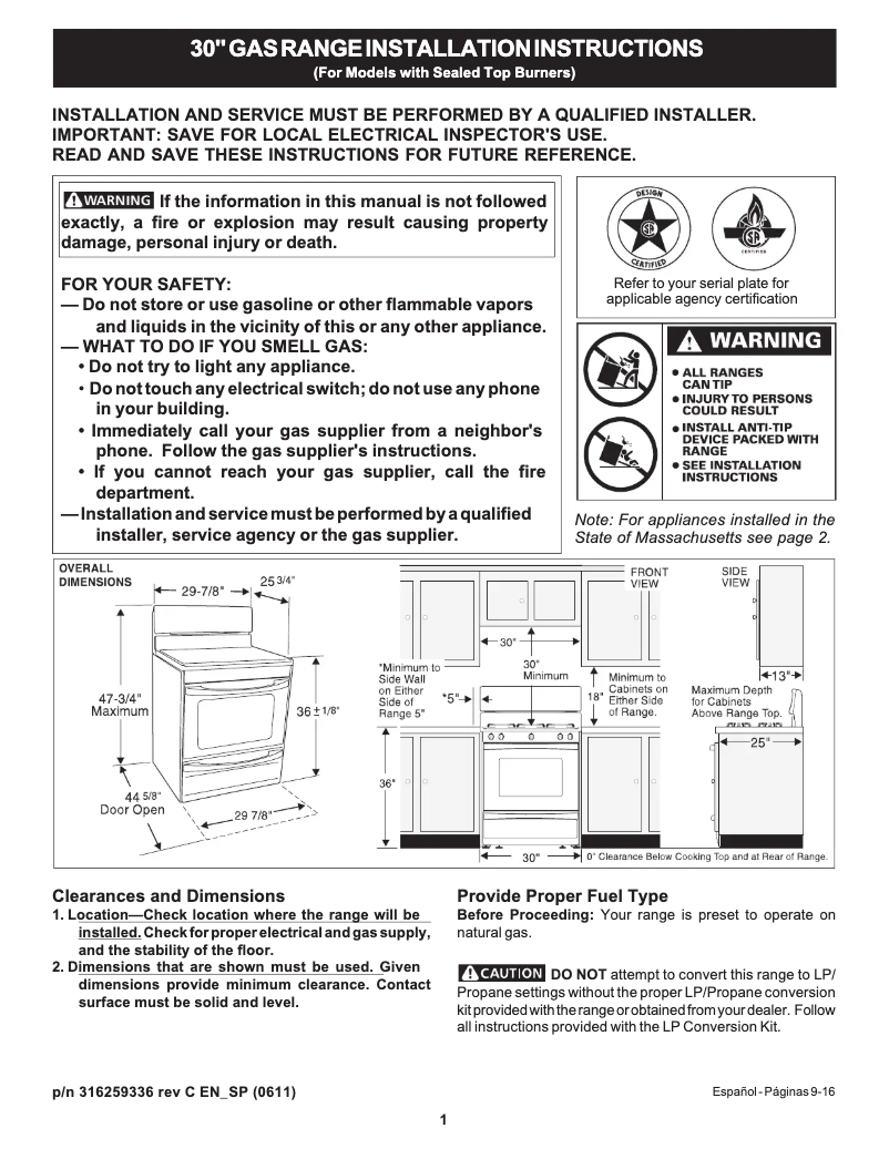 Page 1 of the manual Installation Guide Frigidaire FGF375ES